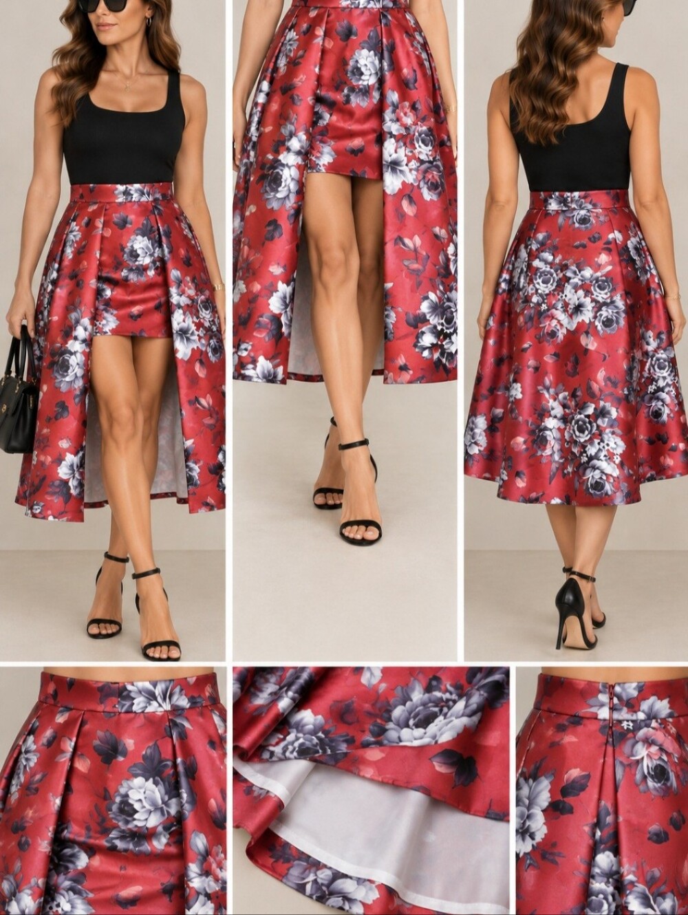 Jealous Tomato Red Floral A-Line Midi Skirt